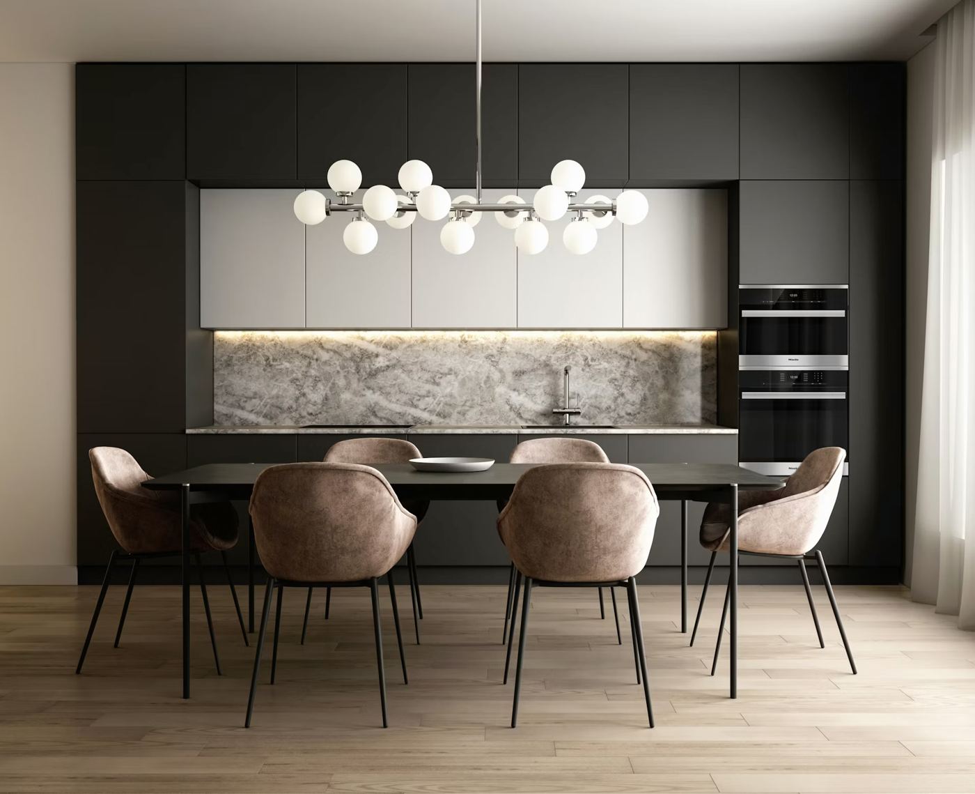 A modern dining room with a round-globe light over the table