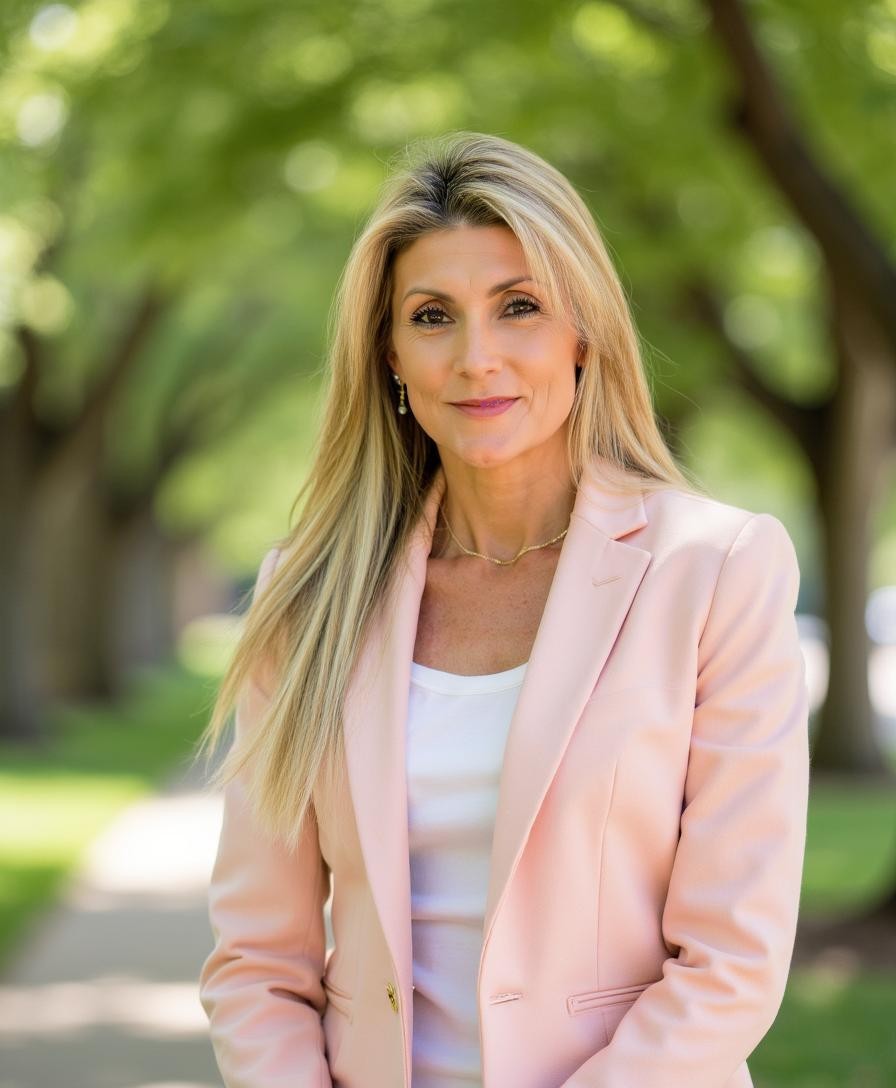 Valerie Moe in a pink blazer